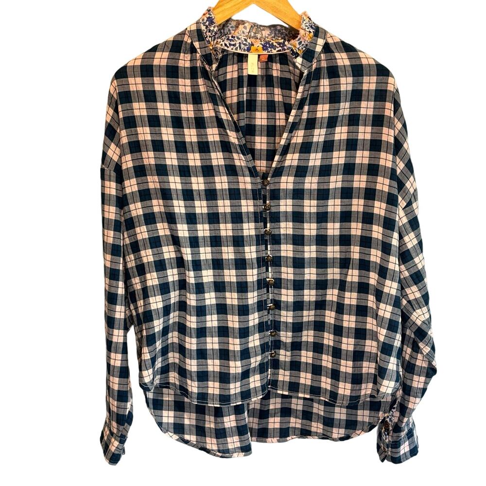 Anthro Pilcro Blue & Pink Gingham Plaid Button Down Blouse Shirt - size Small